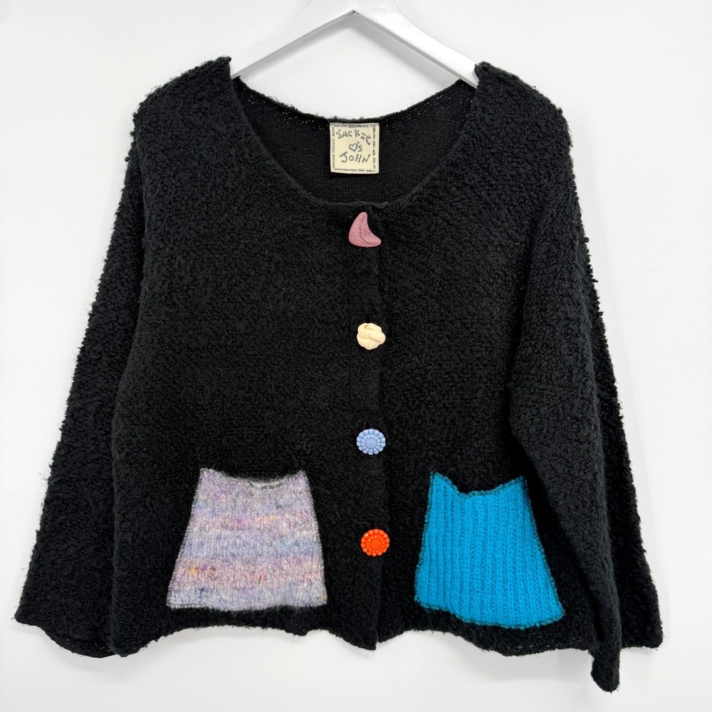 Jackie Loves John Cardigan Sweater Medium Artsy Boho Lagenlook Wearable Art USA